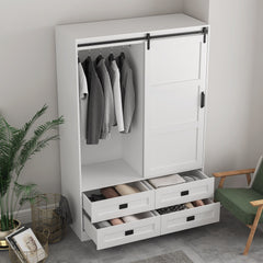 Bellemave® Modern Wardrobe with Hanging Rod and Barn Door ,Drawers  and Open Shelves