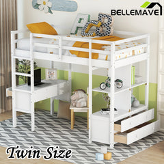 Bellemave® Loft Bed with Built-in Desk and 2 Drawers,Storage Shelves