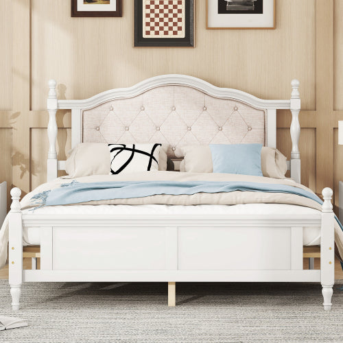 Bellemave® Queen Size Pine wooden Platform Bed with Upholstered Headboard and Panel Footboard