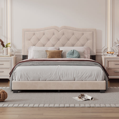 Bellemave® Velvet Upholstered Platform Bed with Tufted Headboard and Rivet Design Bellemave®