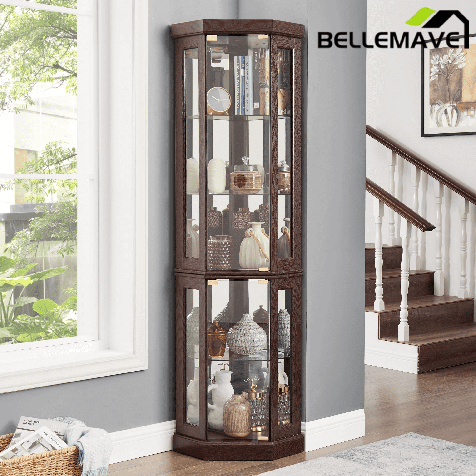 Bellemave® Corner Curio Cabinet with Tempered Glass Doors and Adjustable Shelves, Wine Bar China Cabinet for Living Room Liquor Storage Bellemave®