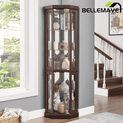 Bellemave® Corner Curio Cabinet with Tempered Glass Doors and Adjustable Shelves, Wine Bar China Cabinet for Living Room Liquor Storage Bellemave®