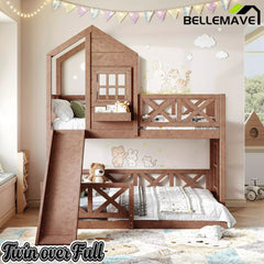 Bellemave® Bunk Bed Twin Over Full with Rail & Slide, House Bed for Kids, Floor Bunk bed with Fence Bellemave®