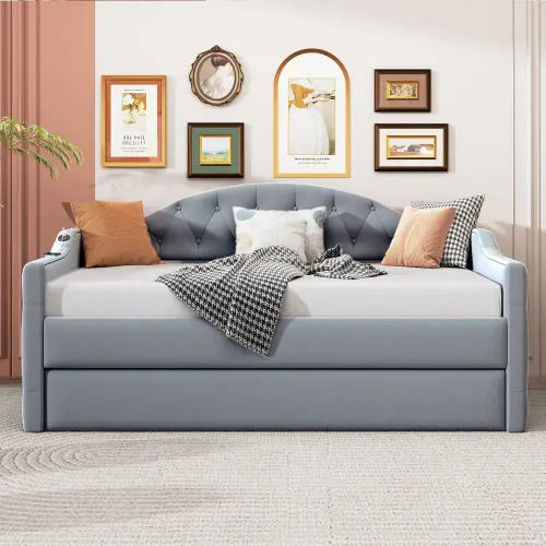 Bellemave Twin Size Tufted Upholstered Daybed with Trundle ,Velvet Sofabed with USB&Type-C Charging Ports Bellemave