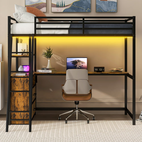 Bellemave® Twin Size Metal&Wood Loft Bed with Desk and Shelves, Two Built-in Drawers, LED Light and USB Charging Station