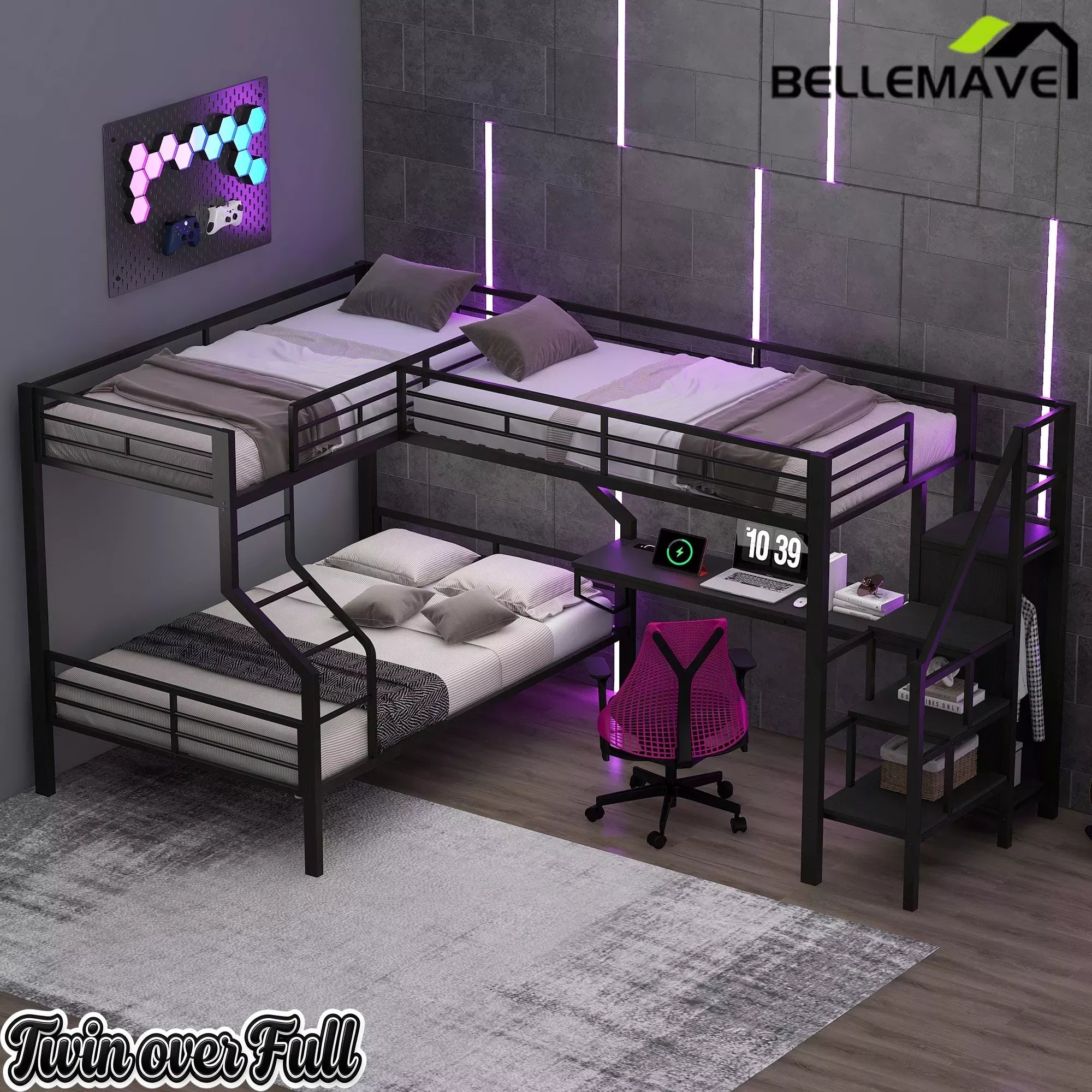 Bellemave® L-Shaped Triple Bunk Bed with Storage Stairs, Twin Over Twin Over Full Bunk Bed with Desk, USB Ports, Wardrobe, Heavy-Duty Metal Corner Bunk Beds for 3 Kids, Noise Free, Black Bellemave®