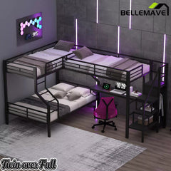 Bellemave® L-Shaped Triple Bunk Bed with Storage Stairs, Twin Over Twin Over Full Bunk Bed with Desk, USB Ports, Wardrobe, Heavy-Duty Metal Corner Bunk Beds for 3 Kids, Noise Free, Black Bellemave®