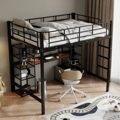 Bellemave® Full Size Metal Loft Bed with Built-in Desk and Shelves