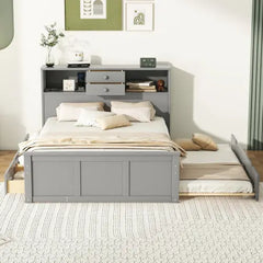 Bellemave Full Size Wood Pltaform Bed with Twin Size Trundle, 3 Drawers, Upper Shelves and A Set of USB Ports & Sockets Bellemave