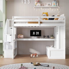 Bellemave® Full Size Loft Bed with Desk and Shelves, Two Built-in Drawers, Storage Staircase