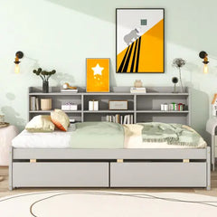 Bellemave® Wood Daybed with Side Bookcase and 2 Drawers