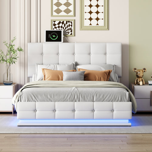 Bellemave Queen Size Tufted Upholstered Platform Bed with Hydraulic Storage System,LED Lights and USB charger