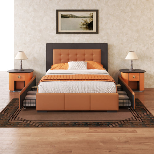 Bellemave Queen Size Modern Upholstered Platform Bed with 4 Drawers and Button Tufted Headboard,PU Leather and Velvet