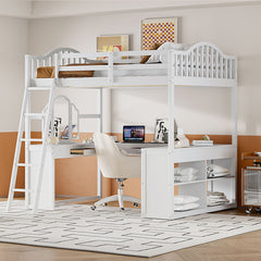 Bellemave® Full Size Wooden Loft Bed with U-shaped Desk,Storage Compartments and Tri-fold Mirror