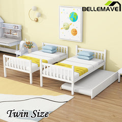 Bellemave® Twin Size Rubber Wood Bunk Bed with Trundle Bed, Convertible into 2 Twin Size Beds