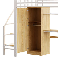 Bellemave® Twin Size Metal Loft Bed With Desk, Shelf, Wardrobe and Storage Staircase