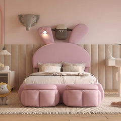 Bellemave® Twin Size Upholstered Platform Bed with Cartoon Ears Shaped Headboard and Light Bellemave®