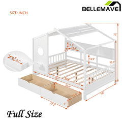 Bellemave® Full Size Wooden House Bed with 2 Drawers and Storage Shelf