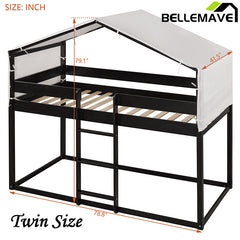 Bellemave® Twin Size Wood House Bunk Bed with Tent