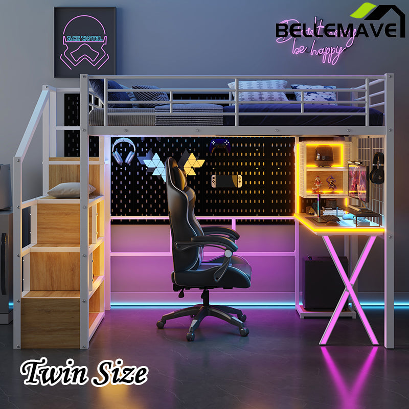 Bellemave® Metal Loft Bed with Built-in Work Station, Wardrobe, Storage Staircase and LED