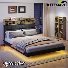 Bellemave® Queen Size  Upholstered Platform Bed with LED Light, Bookcase Storage Headboard and Charging Station