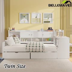 Bellemave® Wooden L-Shape Daybed with Seven Storage Cabinets and Two Storage Drawers, Study Desk and Built-in Bookshelf