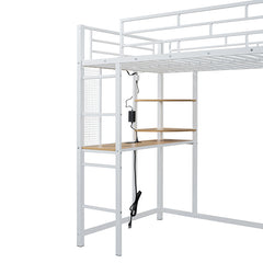 Bellemave® Loft Metal Bed with Desk,Shelves,Power Outlet,LED Light and Wardrobe