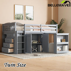 Bellemave® Twin Size Rubber Wood Loft Bed with Storage Cabinet, Drawer and Shelf Cabinet and Pulling-Out Desk, Safety Guardrail and Ladder