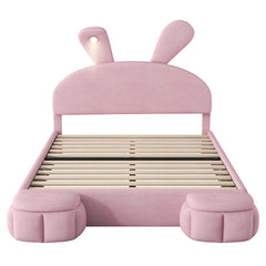 Bellemave® Full Size Upholstered Platform Bed with Cartoon Ears Shaped Headboard and Light