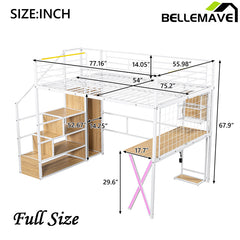 Bellemave® Metal Loft Bed with Built-in Work Station, Wardrobe, Storage Staircase and LED