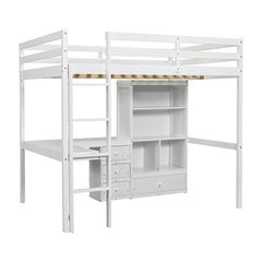 Bellemave® Full Size Loft Wood Bed with Desk, Storage shelves and Drawers, Built-in Ladder and Guardrails