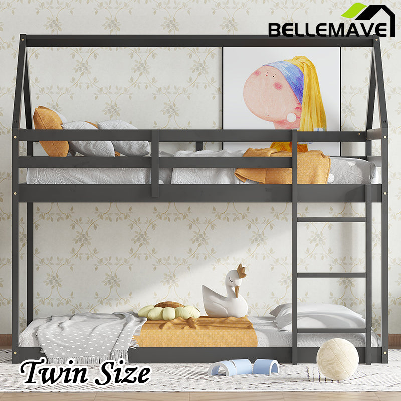 Bellemave® Twin Size Rubber Wood Floor House Bunk Bed with ladder,Guardrails