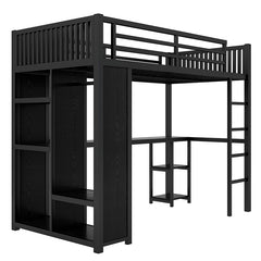 Bellemave® Metal Loft Bed with Built-in Wardrobe, Desk and Storage Shelves