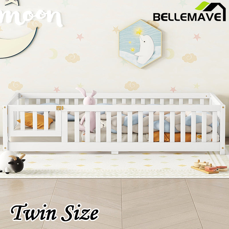 Bellemave® Twin Size Montessori Floor Bed with Safety Guardrails and Door