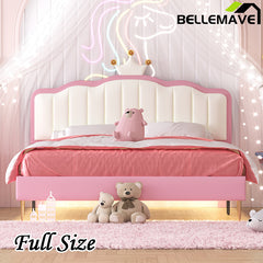 Bellemave® Upholstered Princess Bed with Crown Headboard, Light Strips and Golden Metal Legs