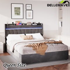 Bellemave® Queen Size Lift Up Upholstered Storage Platform Bed with Charging Station and LED Light, Wingback and Wooden Slats Support