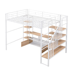 Bellemave® Full Size Metal Loft Bed with Staircase,Low Storage Table and Storage Shelves