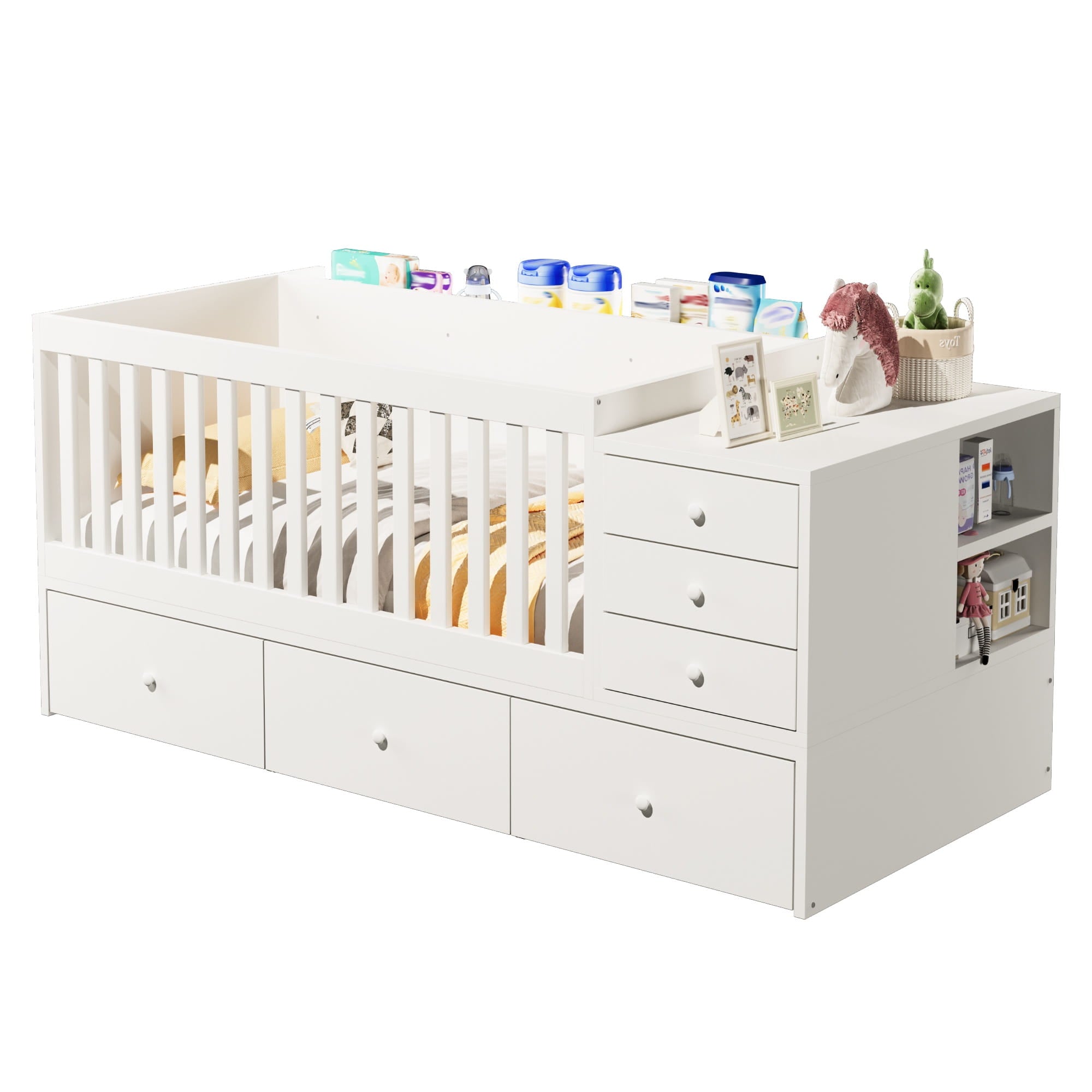Bellemave® Convertible Crib to Daybed with Drawers,2-in-1 Baby Crib with Solid Wood Guardrails,Changing Table & Storage Drawers,Toddler Bed with Safety Rail Bellemave®