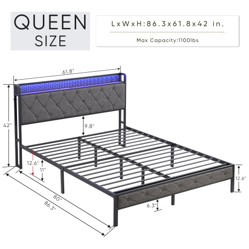 Bellemave® Upholstered Platform Bed with Heavy Metal Slats with Storage Headboard, Charging Station and LED Lights Bellemave®