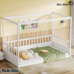 Bellemave® Twin Size Canopy Bed Frame with 4 Posters and Guardrails, Twin Size Montessori Floor Bed with High Fence Bellemave®