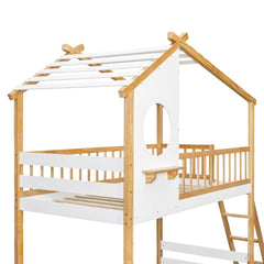 Bellemave® Twin Size House Bunk Bed Wood Bed with Roof, Window, Ladder