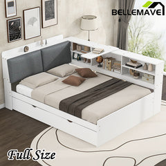 Bellemave® Full Size Wood Daybed with Trundle, Shelves and Storage Headboard