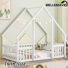 Bellemave® Wood House-Shaped Floor Bed with Fence and Guardrails