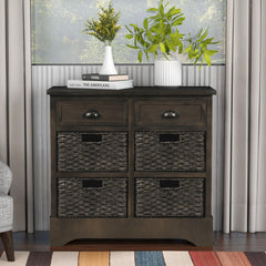 Bellemave® Rustic Storage Cabinet with Two Drawers and Four Classic Rattan Basket