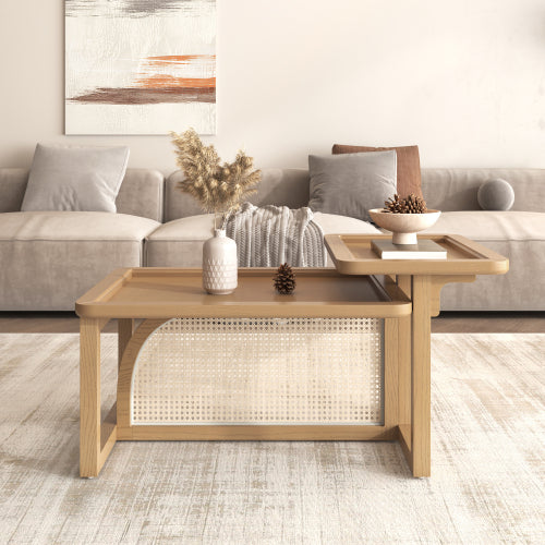 Bellemave® Modern 2 Piece Nesting Rattan Wood + MDF Coffee Table Set