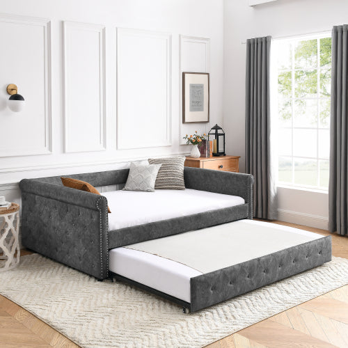 Bellemave® Upholstered Tufted Daybed with Trundle Bed,Button and Copper Nail on Arms