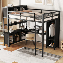 Bellemave® Full Size Metal Loft Bed with Wardrobe And L-shaped Desk, Storage Cubes and Shelves