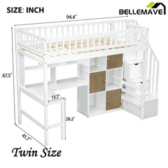 Bellemave® Twin Size Wood Loft Bed with Built-in Desk, LED, Storage Shelves, Cabinets and Staircase