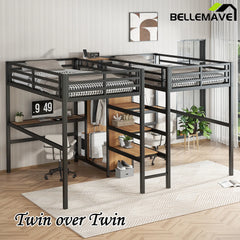 Bellemave® Twin Over Twin Metal Loft Bed with Double Desk, Wardrobe and Shelves with Electrical Outlet