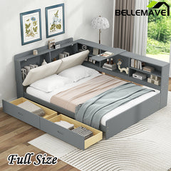 Bellemave® Full Size Wood Daybed with Storage Headboard, Shelves and 2 Drawers